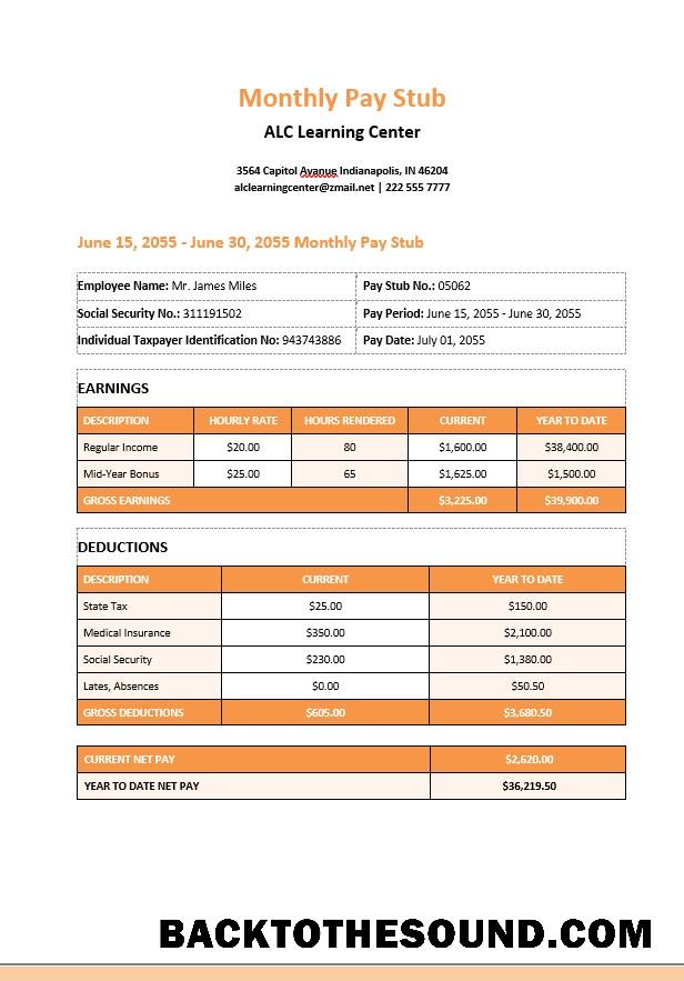 İndir Learning Center Monthly Paystub Word and PDF Örnek tasarım