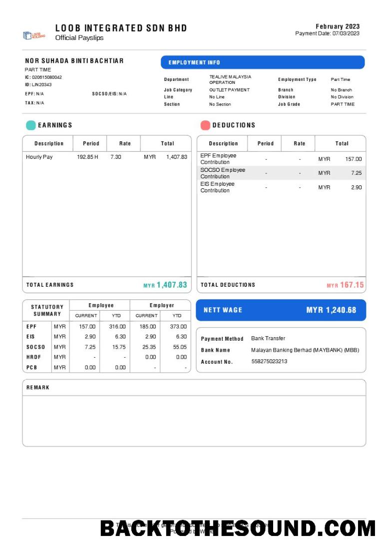 İndir Loob Integrated tea brand payslip in Word and PDF Formatlar.PDF, 1 Örnek taslak