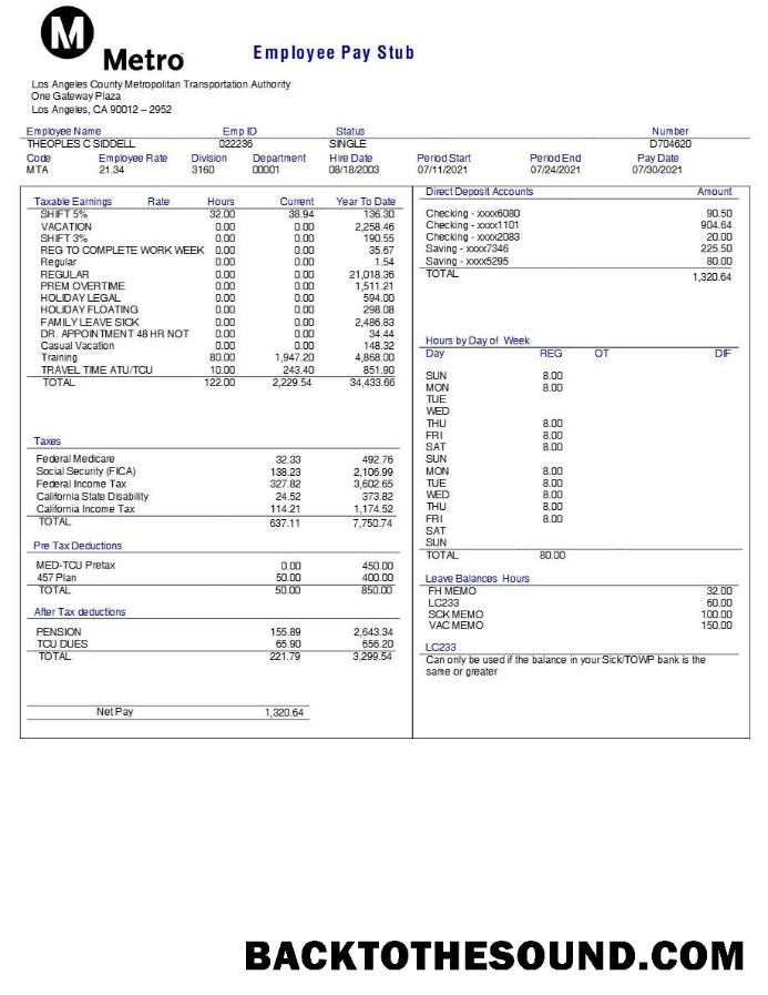 İndir Los Angeles County Metropolitan ulaşım Authority employee pay stub.PDF, 2 Örnek ön izleme