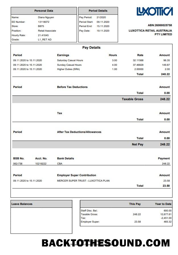 İndir Luxottica Retail Paystub Örnek örnek