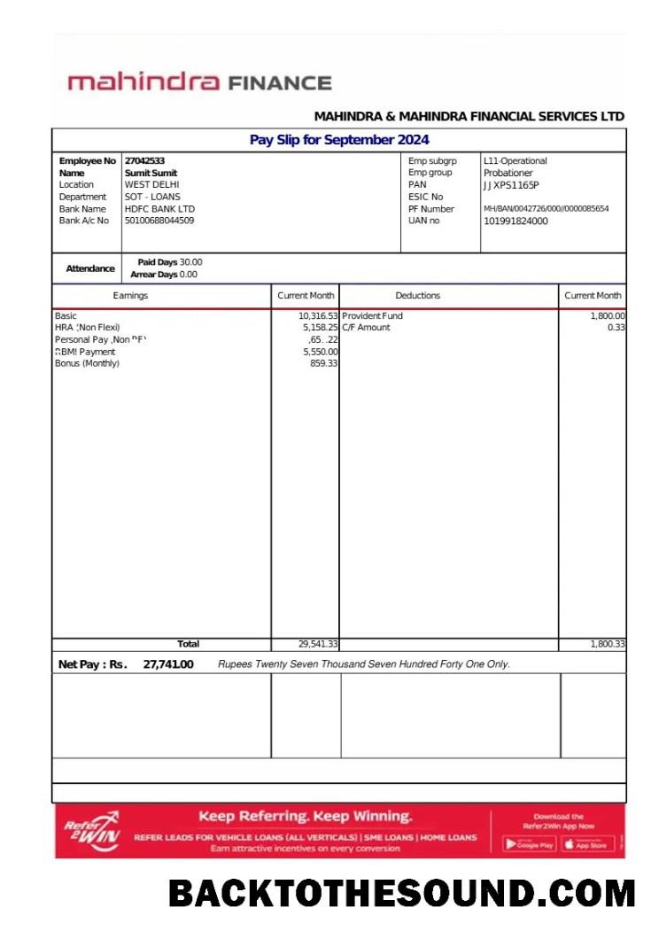 İndir Mahindra Financial Services LTD payslip in Word and PDF Formatlar.PDF, 1 Örnek taslak