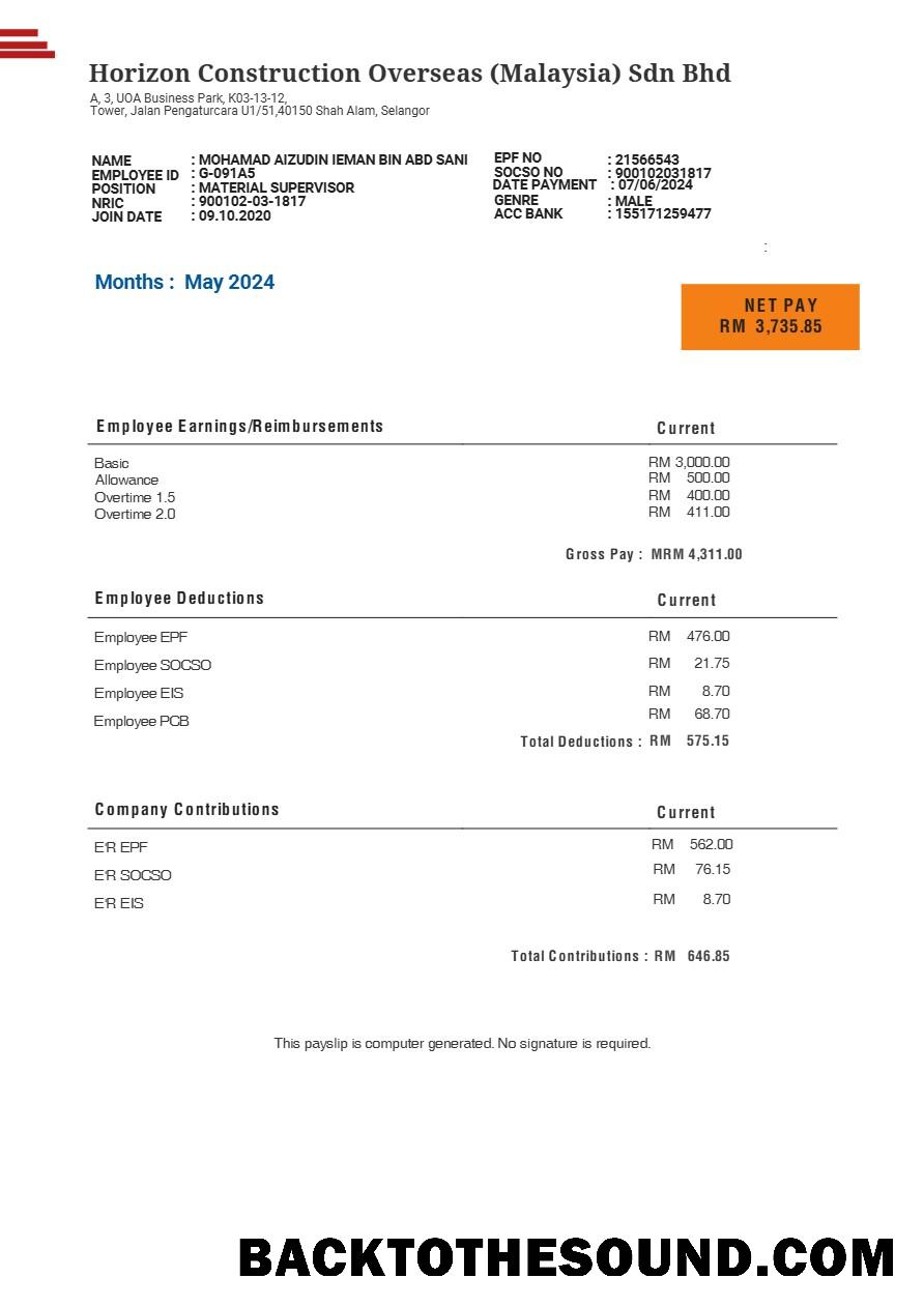 İndir Malezya Horizon inşaat Overseas payslip in Word and PDF Formatlar.PDF, 1 Örnek ön izleme