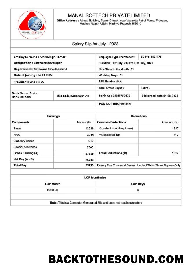 İndir Manal Softech salary slip in Word and PDF Formatlar.PDF, 1 Örnek tasarım