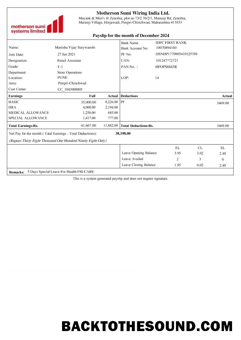 İndir Motherson Sumi Wiring harness payslip in Word and PDF Formatlar.PDF, 1 Örnek tasarım