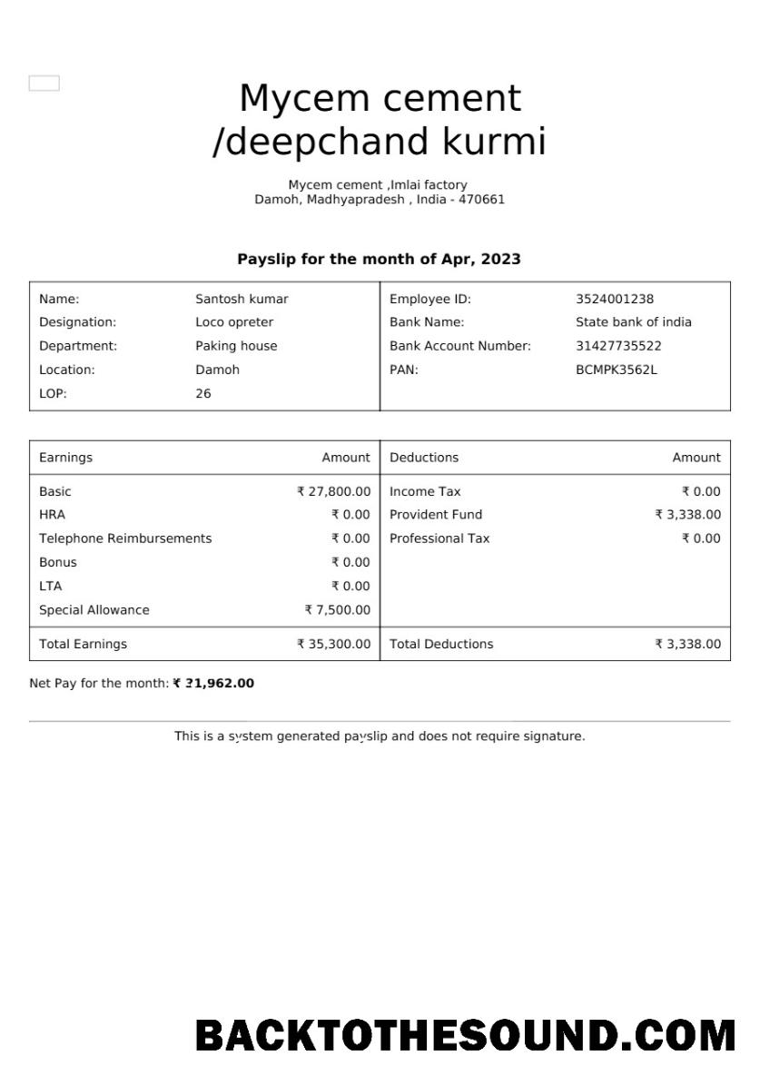 İndir Mycem cement payslip in Word and PDF Formatlar.PDF, 1 Örnek örnek