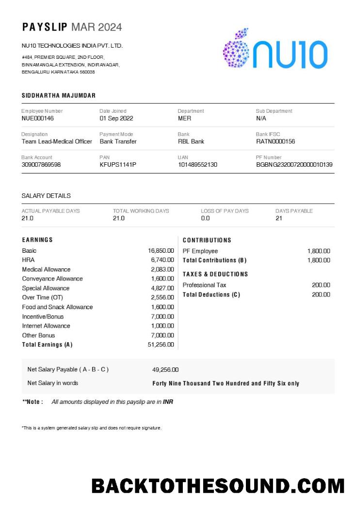 İndir NU10 Technologies Hindistan payslip in Word and PDF Formatlar.PDF, 1 Örnek ön izleme