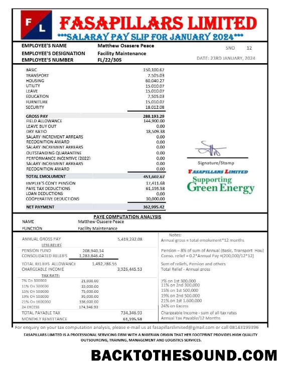 İndir Nijerya Fasapillars Limited corporate office payslip in Word and PDF Formatlar.PDF, 1 Örnek örnek