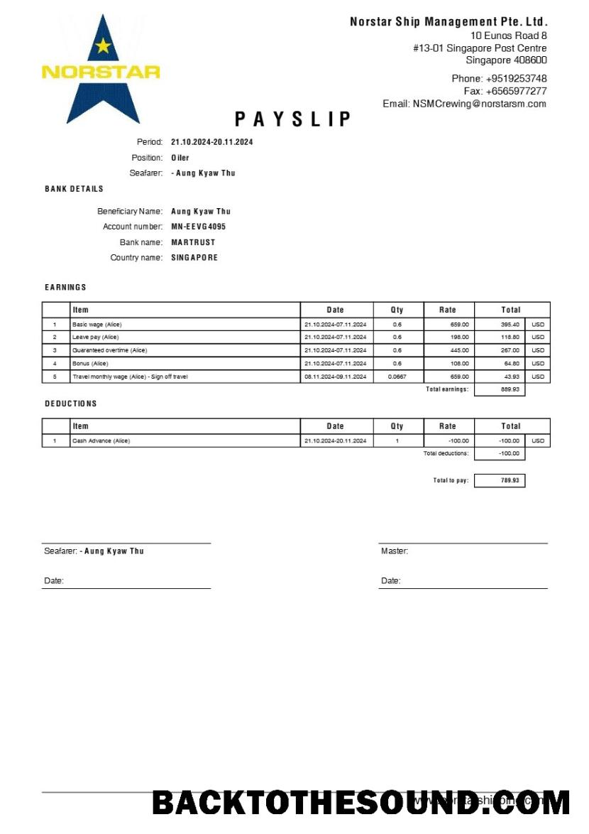 İndir Norstar Ship Management payslip in Word and PDF Formatlar.PDF, 1 Örnek örnek