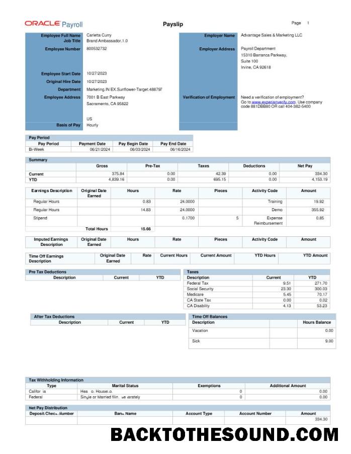 İndir Oracle Payroll Advantage Satışlar & Pazarlama LLC payslip in Word and PDF Formatlar.PDF, 1 Örnek ön izleme