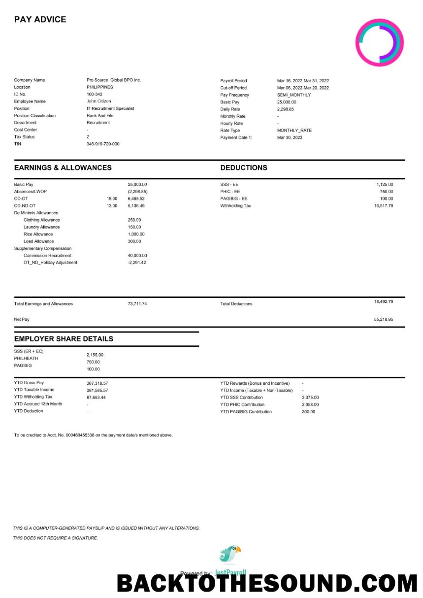 İndir Filipinler PRO Source Global BPO Inc. paystub in Word and PDF Format Örnek şablon