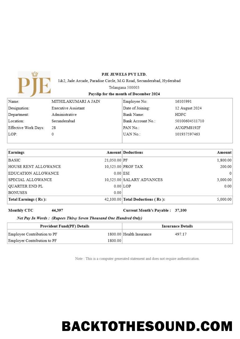 İndir PJE Jewels payslip in Word and PDF Formatlar.PDF, 1 Örnek tasarım