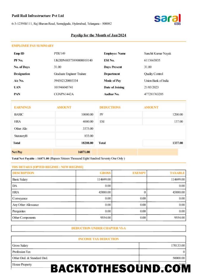 İndir Patil Rail Infrastructure payslip in Word and PDF Formatlar.PDF, 1 Örnek şablon