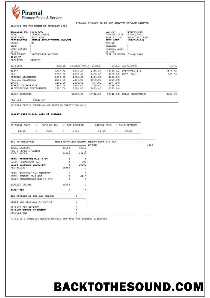 İndir Piramal Financial Services payslip in Word and PDF Formatlar.PDF, 1 Örnek tasarım