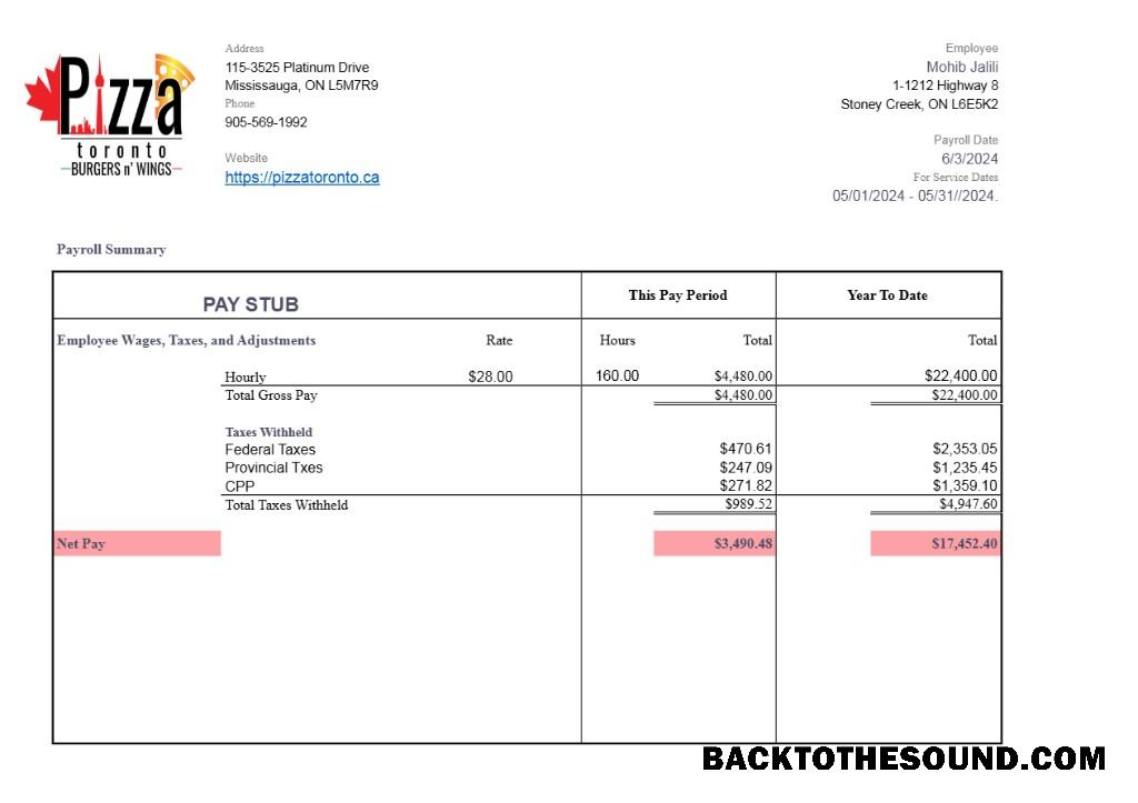 İndir Pizza Toronto pay stub in Word and PDF Formatlar.PDF, 1 Örnek tasarım