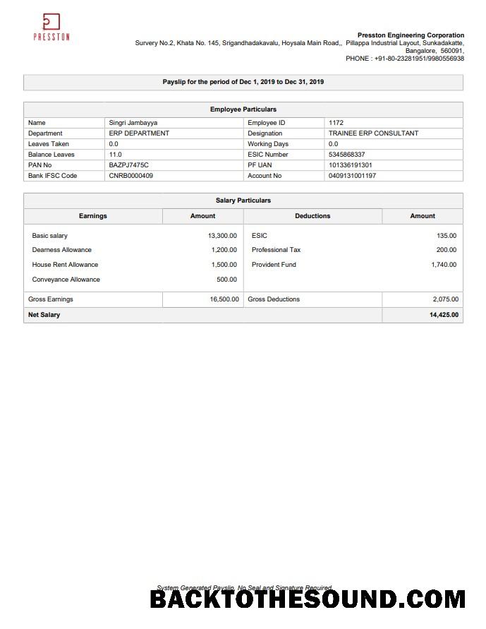 İndir Presston mühendislik Corporation pay stub in PDF and Word Format Örnek şablon