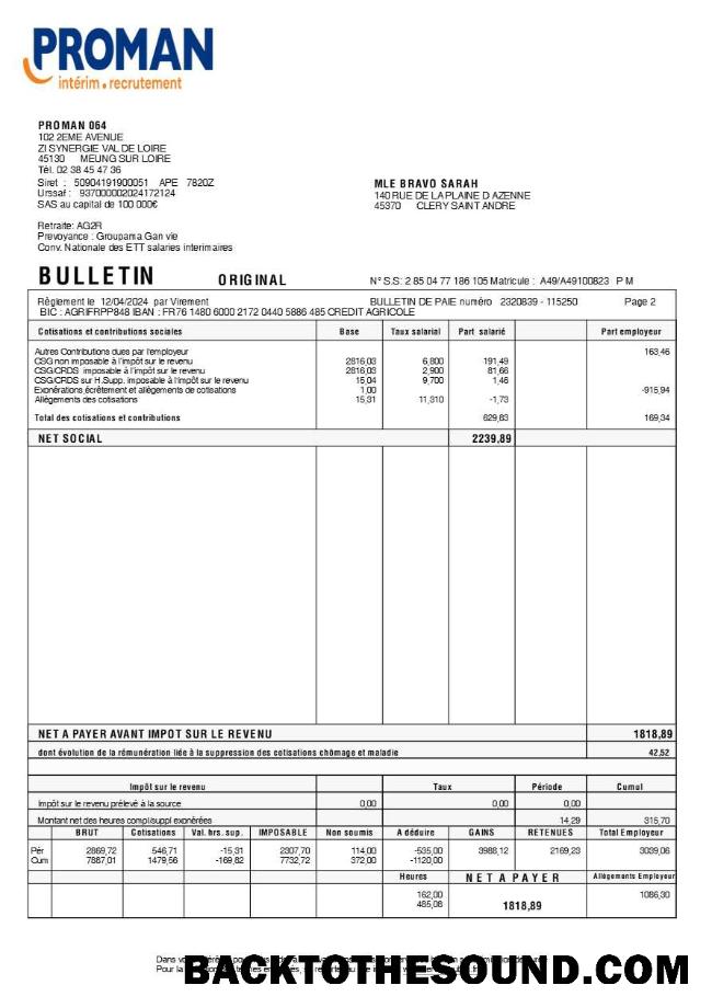 İndir Proman recrutement payslip (in French language) in Word and PDF Formatlar.PDF, 2 Örnek örnek