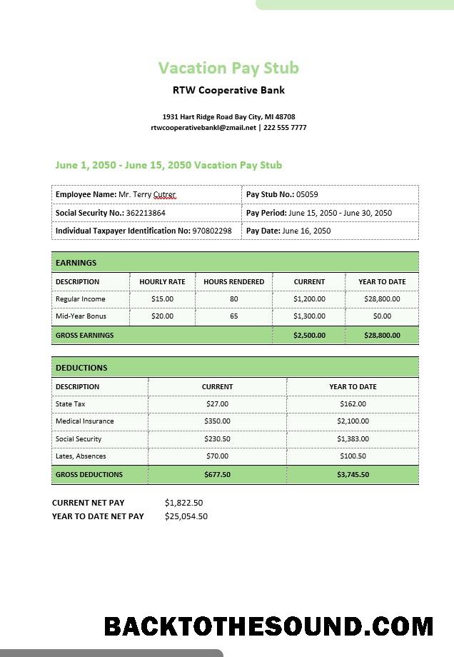 İndir RTW Cooperative Banka vacation pay stub in PDF and Word Formatlar Örnek tasarım