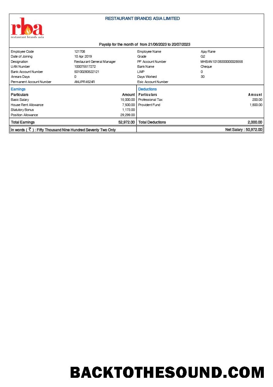 İndir Restaurant Brands Asia payslip in Word and PDF Formatlar.PDF, 1 Örnek ön izleme