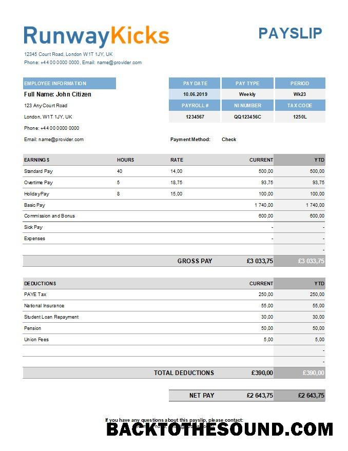 İndir Runway Kicks Şirket payslip in Excel and PDF Formatlar Örnek taslak