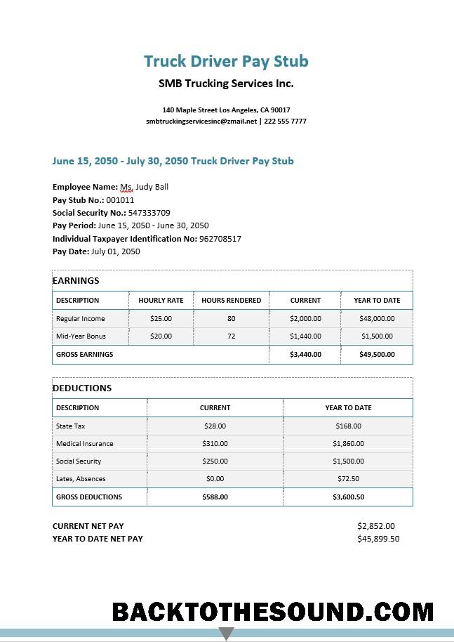 İndir SMB trucking services Inc. pay stub in PDF and Word Formatlar Örnek taslak