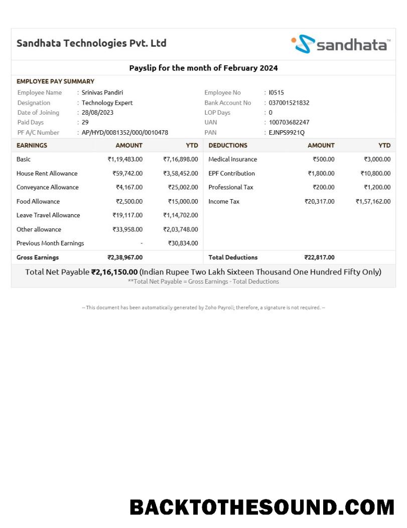 İndir Sandhata Technologies payslip in Word and PDF Formatlar.PDF, 1 Örnek örnek