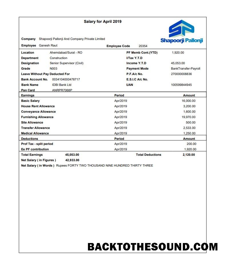 İndir Shapoorji Pallonji employee pay stub in PDF and Word Formatlar Örnek taslak