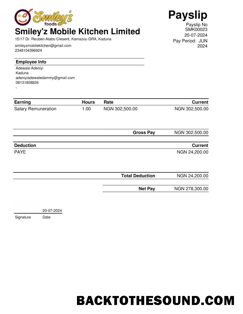 İndir Smiley'z Mobile Kitchen payslip in Word and PDF Formatlar.PDF, 1 Örnek tasarım