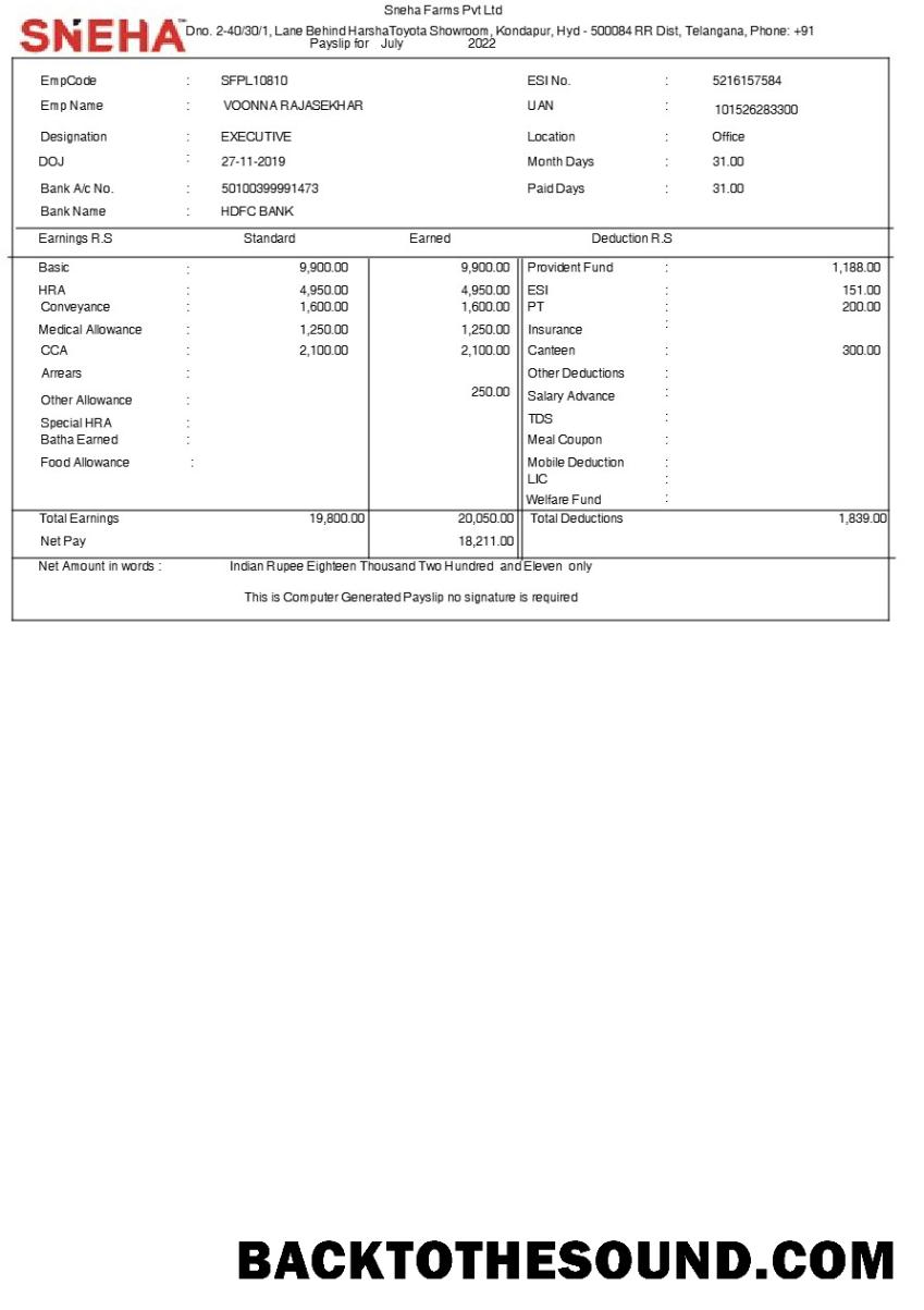 İndir Sneha Farms payslip in Word and PDF Formatlar.PDF, 1 Örnek tasarım
