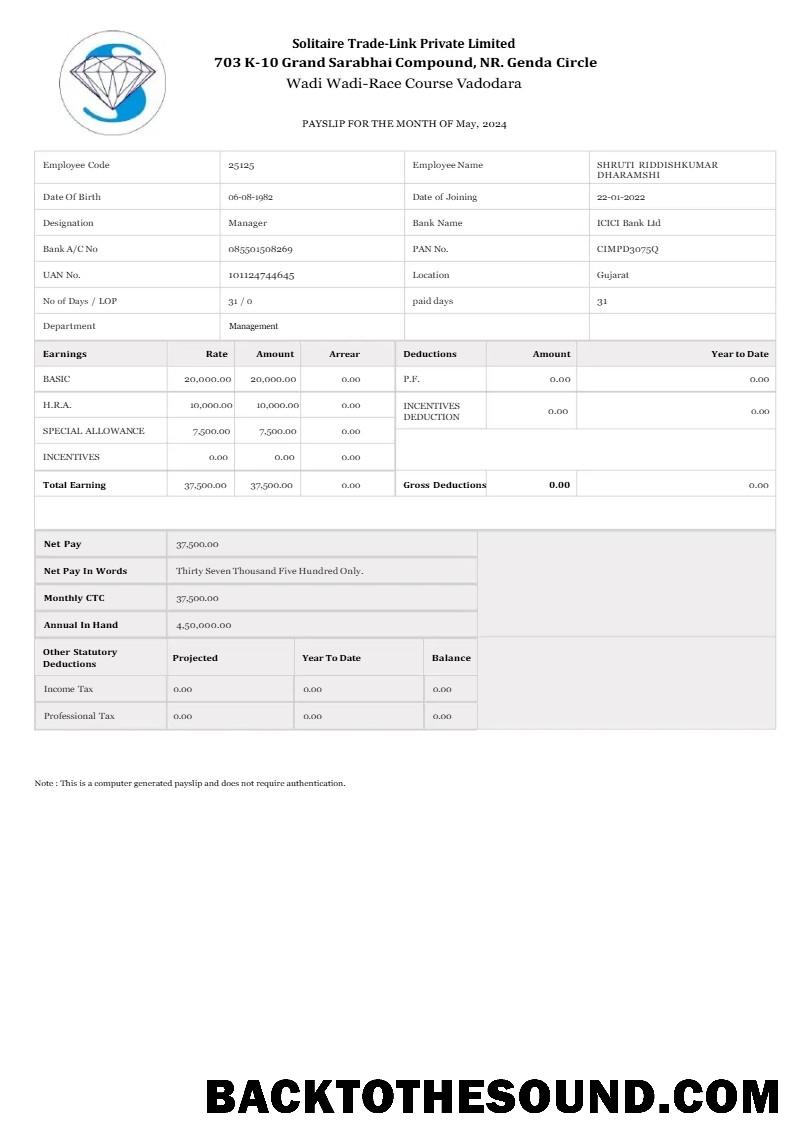 İndir Solitaire Trade Link payslip in Word and PDF Formatlar.PDF, 1 Örnek tasarım