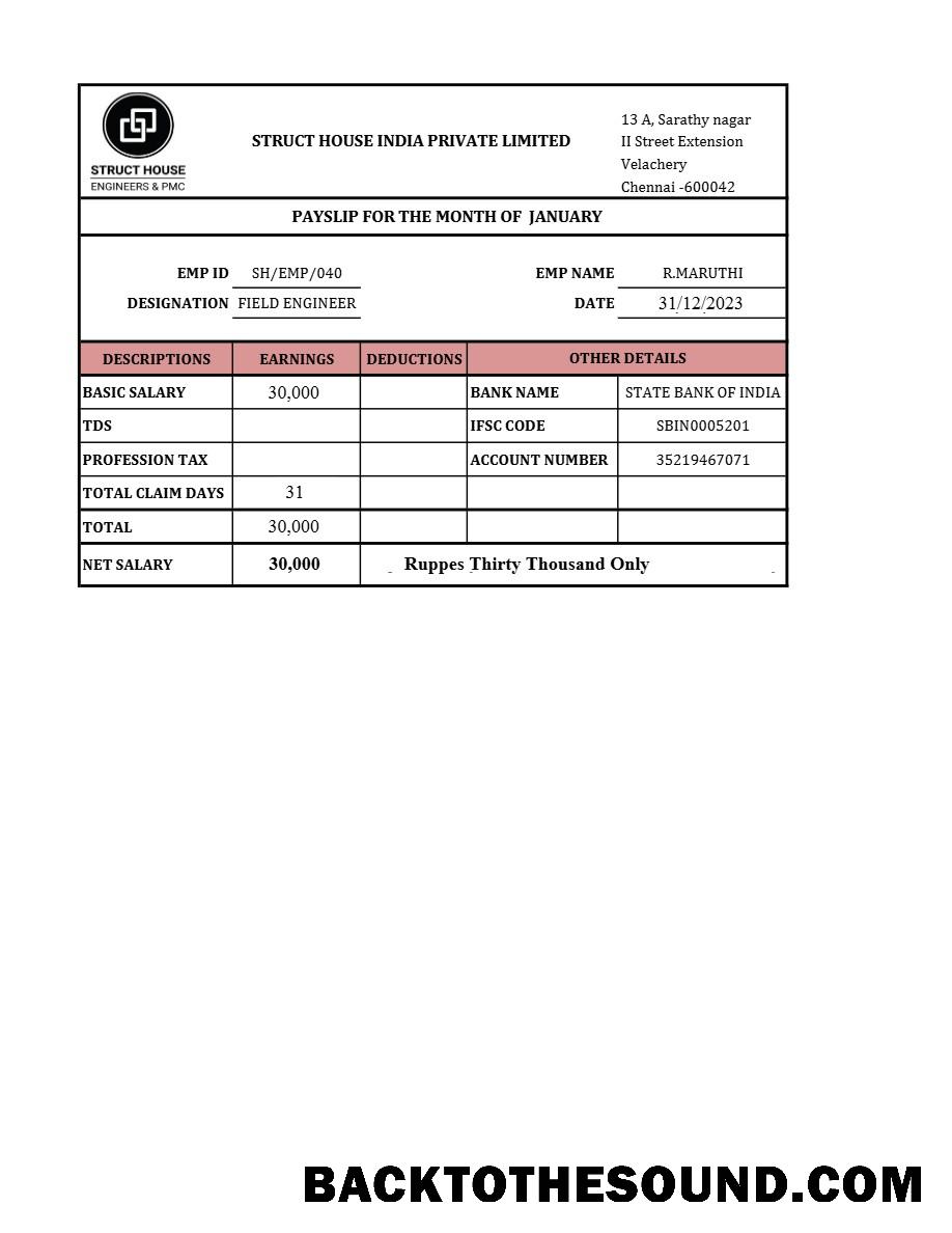 İndir Struct House Hindistan payslip in Word and PDF Formatlar.PDF, 1 Örnek şablon
