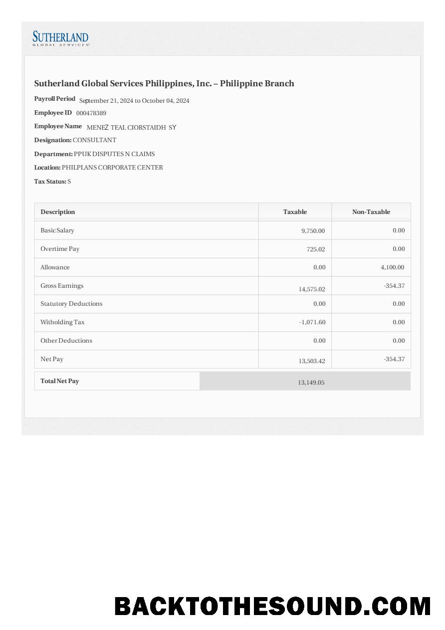 İndir Sutherland Global Services Filipinler payslip in Word and PDF Formatlar.PDF, 1 Örnek tasarım