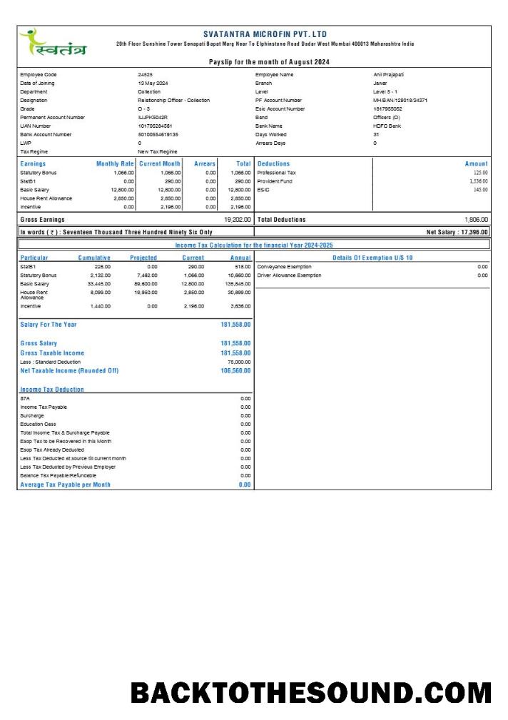 İndir Svatantra Microfin payslip in Word and PDF Formatlar.PDF, 1 Örnek ön izleme