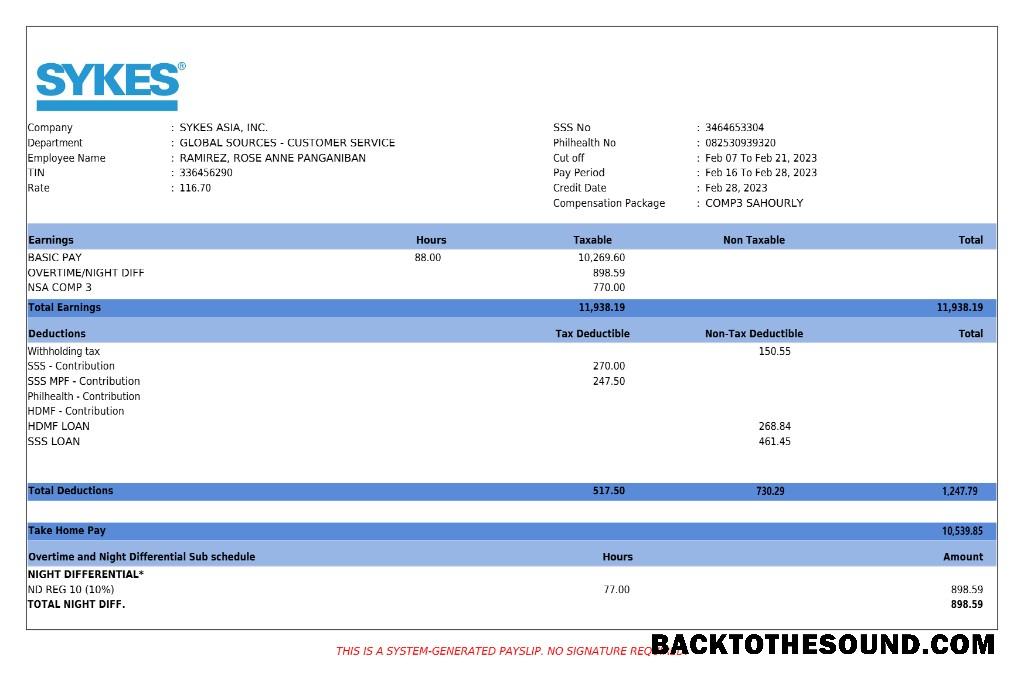 İndir Sykes Asia Kurumsal services payslip in Word and PDF Formatlar.PDF, 1 Örnek örnek