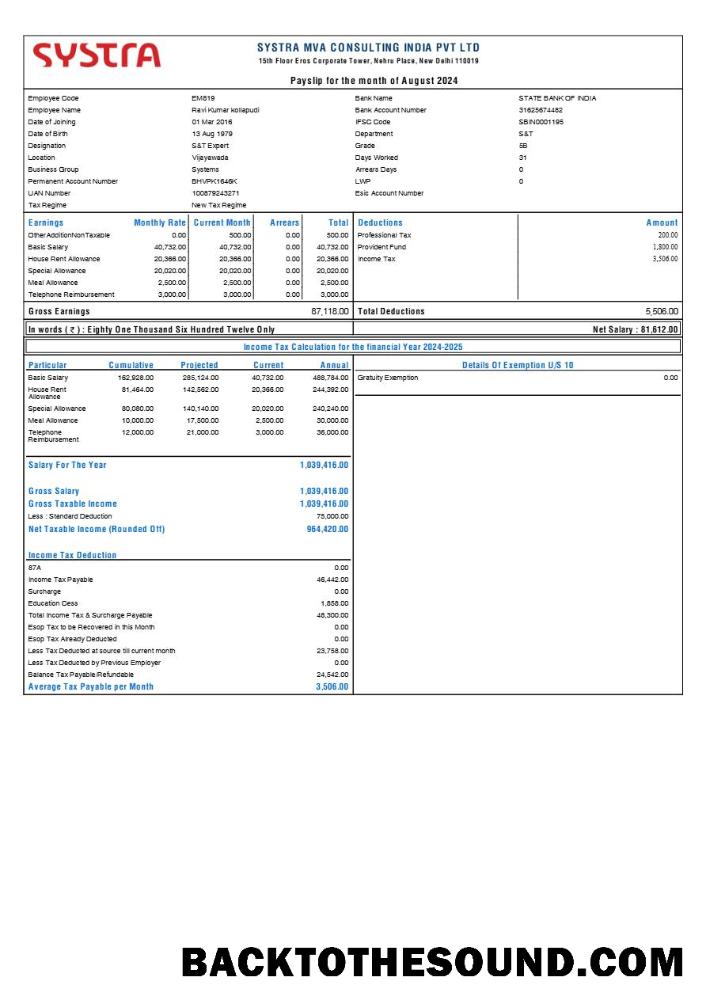İndir Systra MVA Consulting Hindistan payslip in Word and PDF Formatlar.PDF, 1 Örnek tasarım