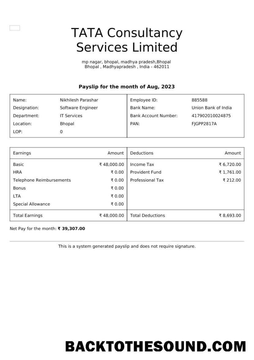 İndir TATA Consultancy Services payslip in Word and PDF Formatlar, Sürüm 2.PDF, 1 Örnek taslak