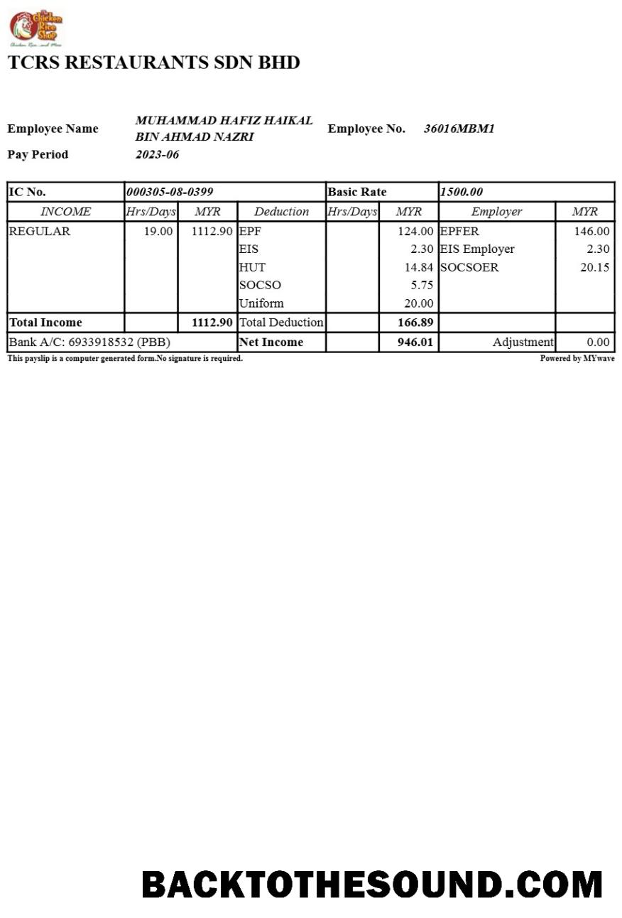 İndir TCRS Restaurants payslip in Word and PDF Formatlar.PDF, 1 Örnek örnek