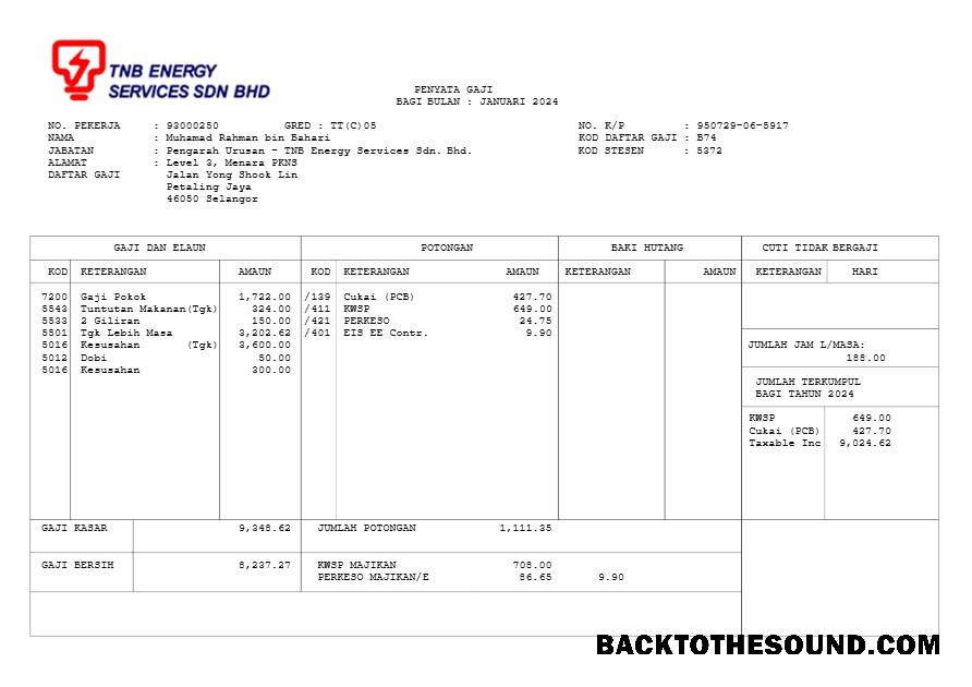 İndir TNB Energy Services payslip in Word and PDF Formatlar.PDF, 1 Örnek ön izleme