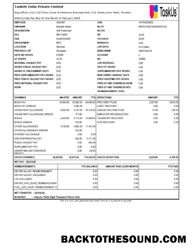 İndir TaskUS Hindistan payslip in Word and PDF Formatlar.PDF, 1 Örnek şablon