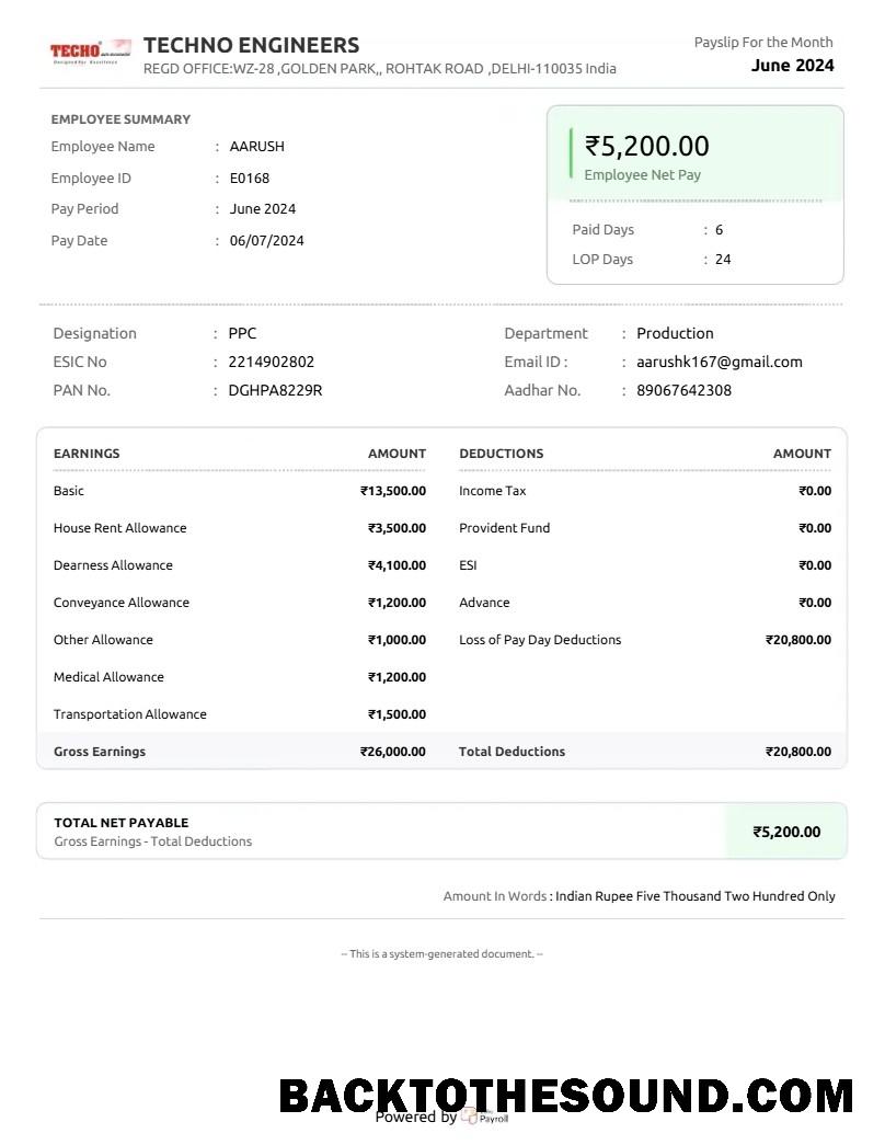 İndir Techno Engineers payslip in Word and PDF Formatlar.PDF, 1 Örnek şablon