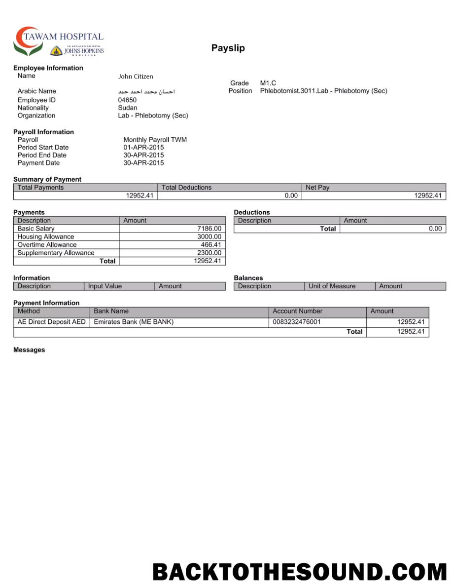 İndir BAE TAWAM Hospital payslip in Word and PDF Formatlar Örnek taslak