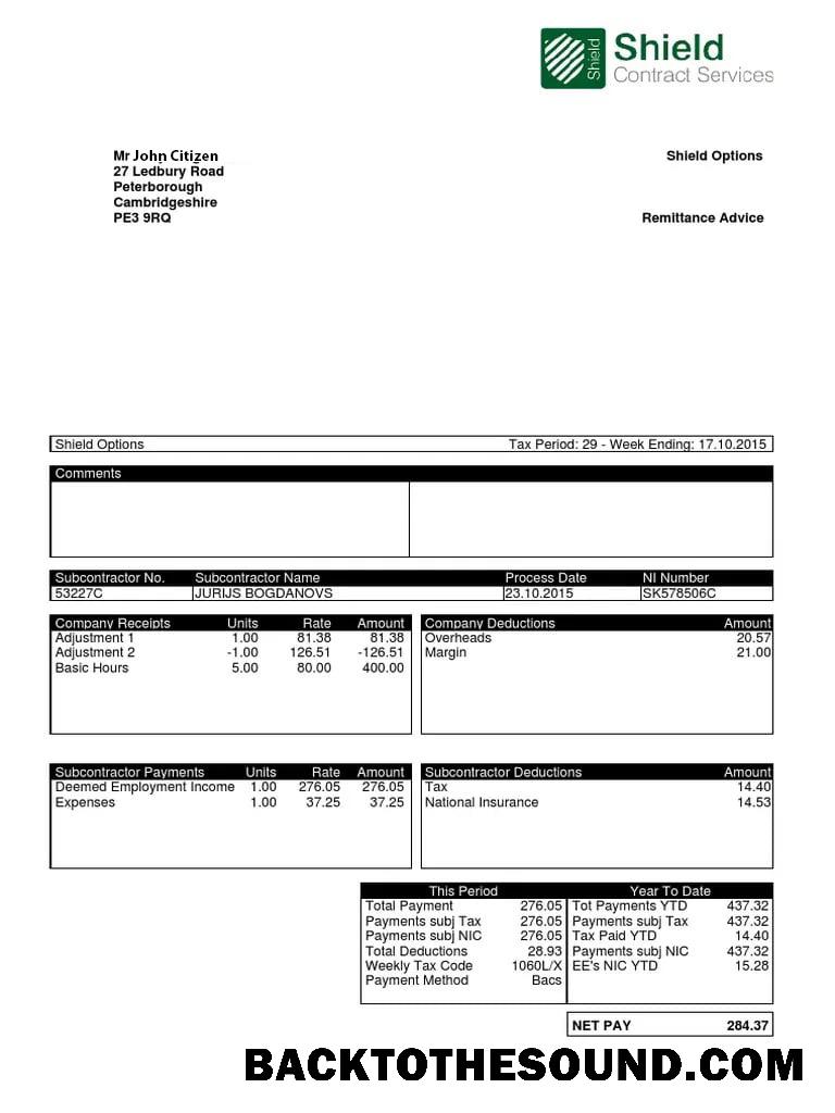 İndir Birleşik Krallık SHIELD Sözleşme services payslip in Word and PDF Formatlar Örnek şablon