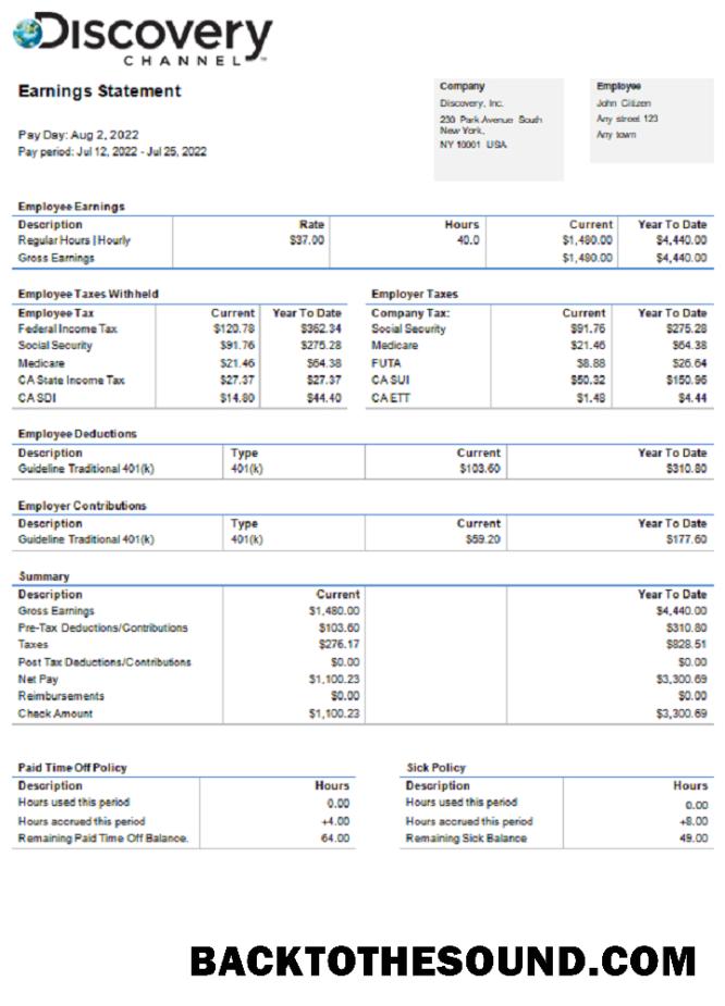 İndir ABD Discovery Inc. entertainment Şirket pay stub Örnek örnek