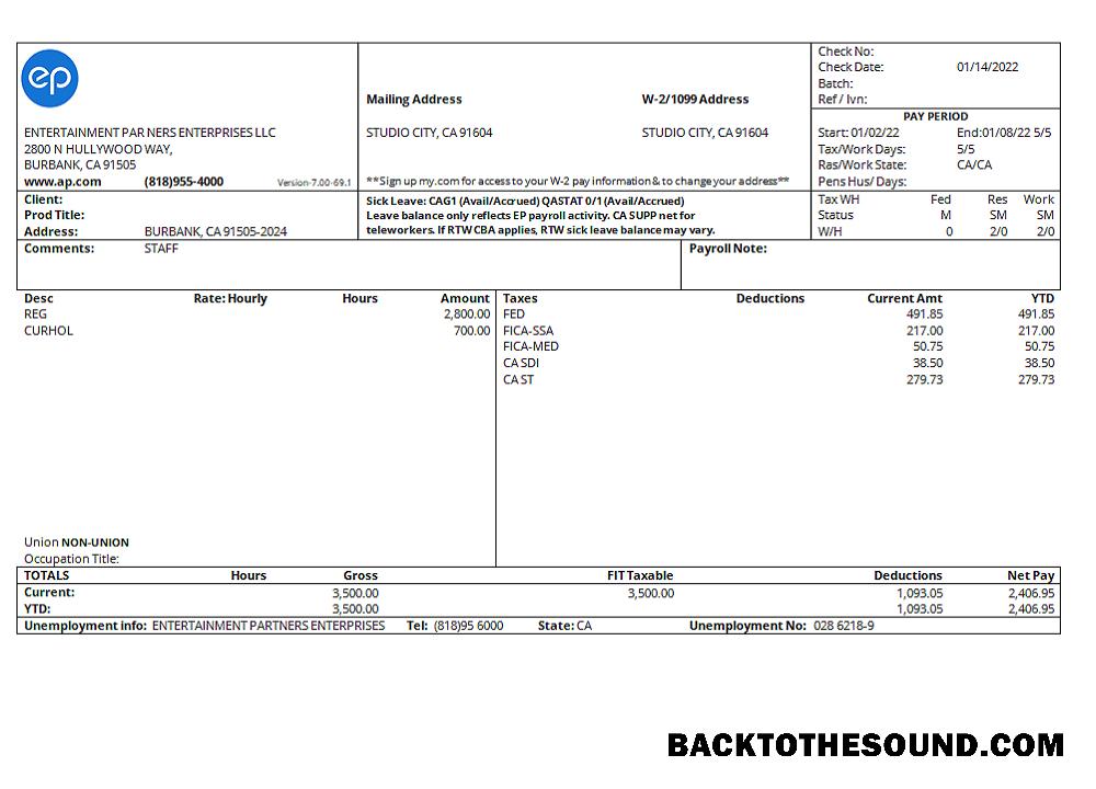 İndir ABD Entertainment Partners Enterprises financial Şirket pay stub Örnek örnek