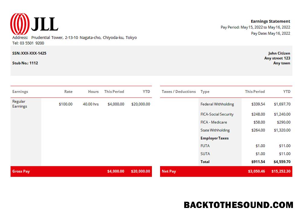 İndir ABD JLL Gerçek estate Şirket pay stub Word Örnek tasarım