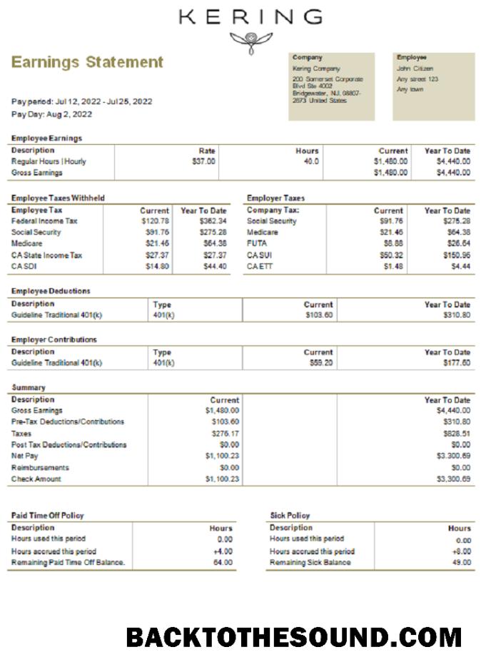 İndir ABD Kering luxury Mal Şirket pay stub Örnek taslak