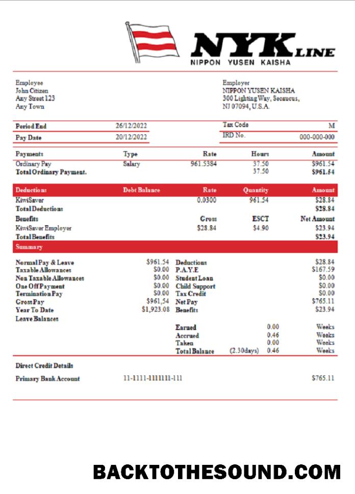 İndir ABD NIPPON YUSEN KAISHA Kargo Şirket pay stub Örnek örnek