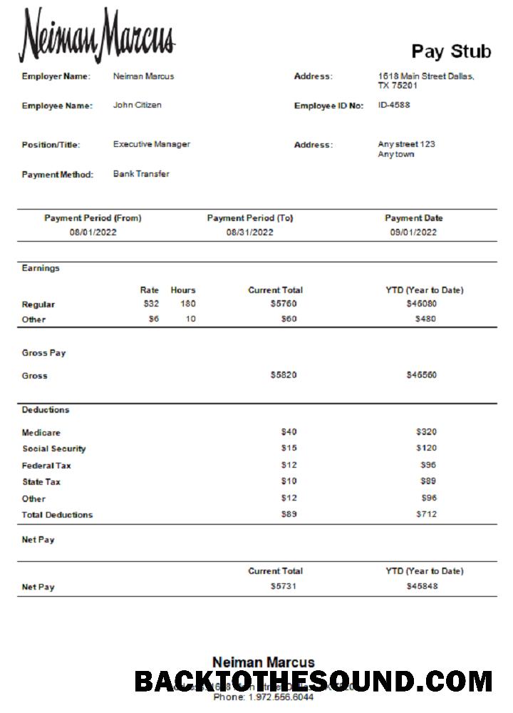 İndir ABD Neiman Marcus department store Şirket pay stub Örnek örnek
