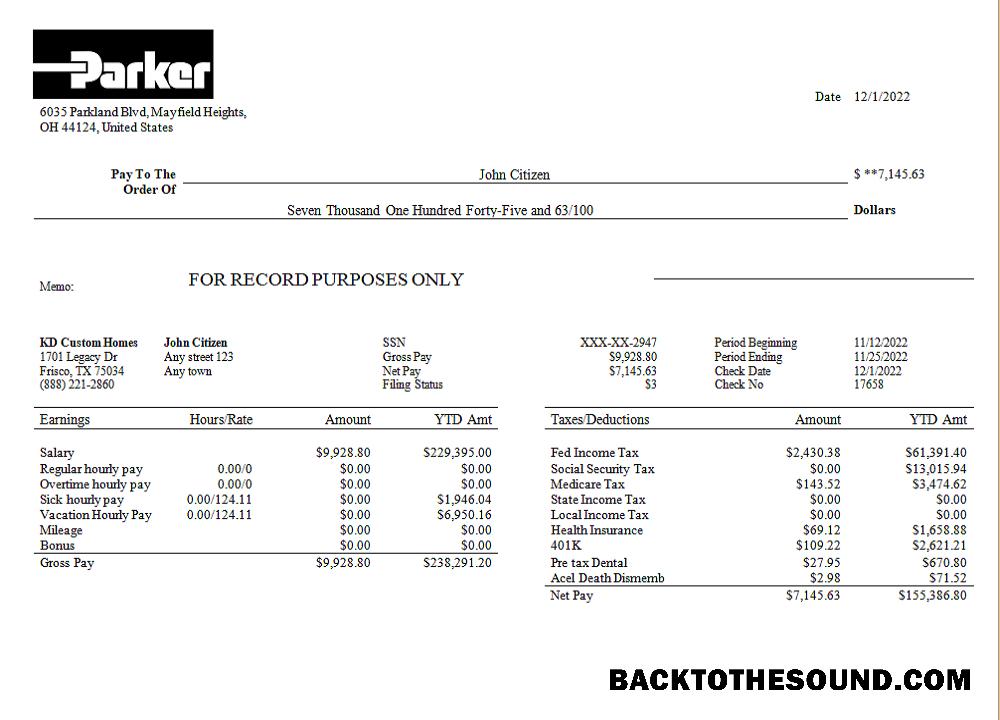 İndir ABD Parker Hannifin mühendislik Şirket pay stub Örnek ön izleme