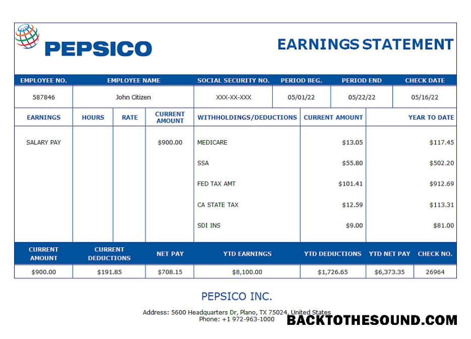 İndir ABD Pepsico Inc. drink producing Şirket pay stub Örnek tasarım