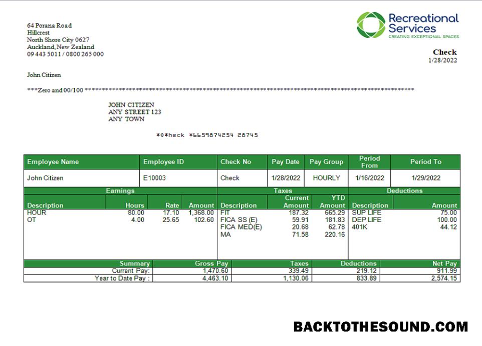 İndir ABD Recreational Services entertainment Şirket pay stub Örnek örnek
